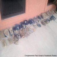 Nineteen pairs of "carpet shoes" that have been left on one rancher's private property. Illegal immigrants smuggling drugs and people use these shoes to cover their tracks.