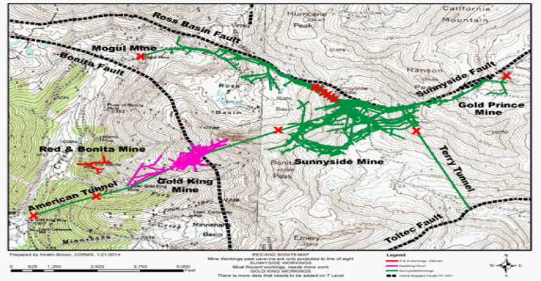 Map Showing the Surface Projection of Underground Mine Workings, Major Fault Zones and the Locations of Bulkheads (Red X's).
