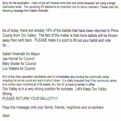 Email sent to Oro Valley residents during Recall Election